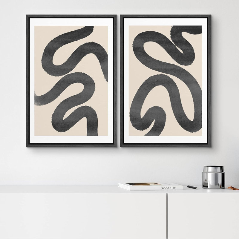 «Black Squiggly Lines over Tan» - ensemble de 2 reproductions sur toile flottantes, Noir, H 36 po x l 24 po