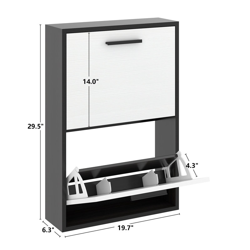 Shoe Cabinet , Wall Mounted Shoe Organizer With 2 Flip Drawers, Black/White, 29.5" H x 19.7" W x 6.3" D