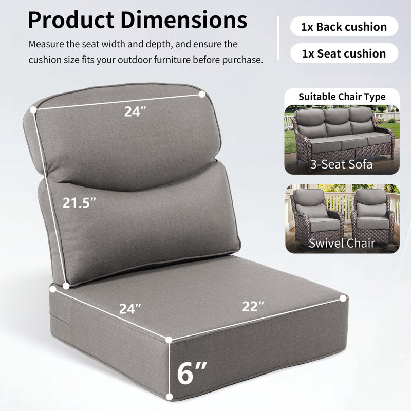 Smishape Outdoor Cushion Set, 6 Inch Deep Seat Patio Furniture Cushions With Removable Cover,Replacement Patio Cushion Set For Chair,Sofa,Loveseat