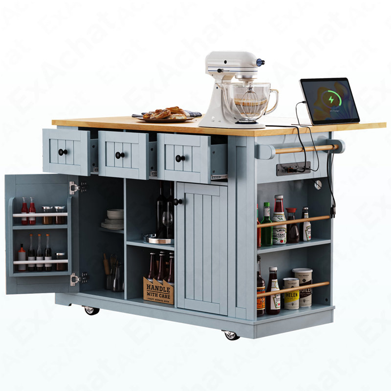 53Inch Large Kitchen Island With Drop Leaf,Power Outlet,Door Internal Storage Rack,Rolling Kitchen Cart On 5 Wheels With 5 Open Side Racks For Kitchen,Grey Blue
