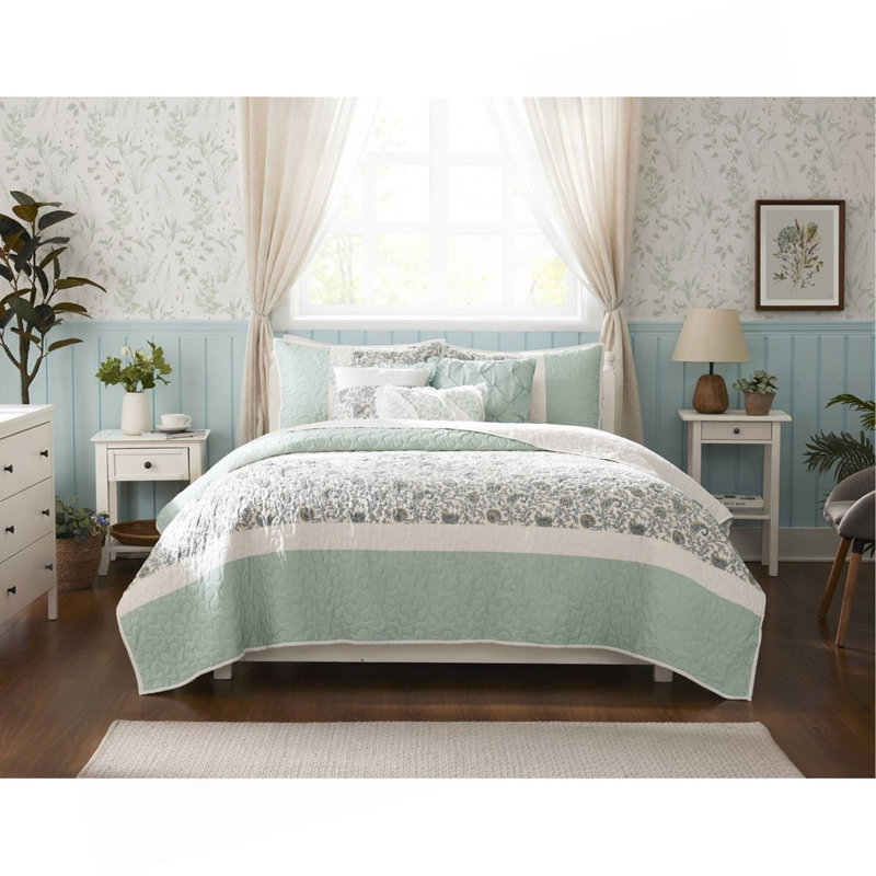 Ensemble de courtepointe en coton percale 6 pièces avec coussins décoratifs turquoise, Turquoise / rayé