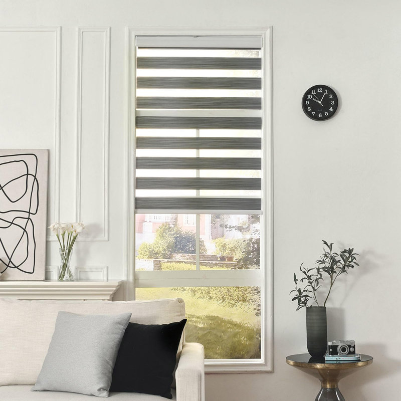 Store zébré sans cordon, double filtre filtrant la lumière avec arrêt libre, Grey, 34.01"W x 75.02"L