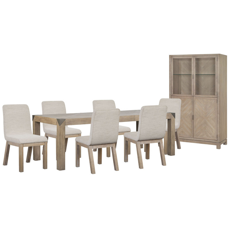 Lund Extendable Rectangular Dining Table With 6 Host Chairs And Display Cabinet, 8 Pcs: Table, 6 Chairs, Cabinet