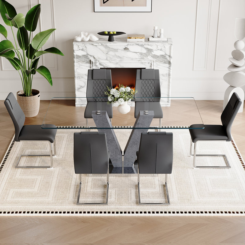 71″ Modern Glass Dining Table Set for 6–8 – Tempered Glass Dining Table with PU Leather Chairs, Stylish Kitchen & Dining Room Set