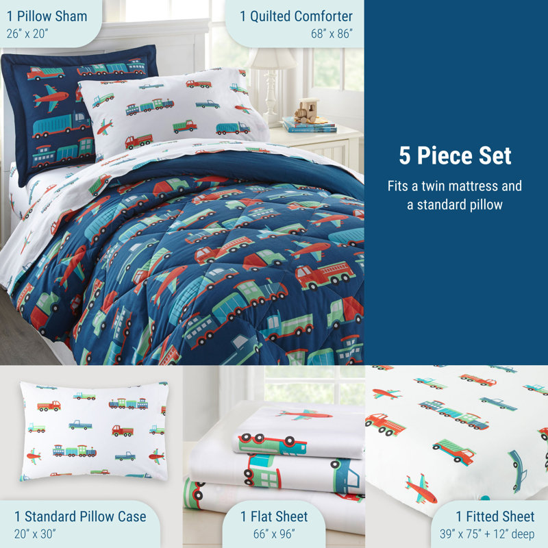 Ensemble de literie pour lit simple 5 pièces Wildkin - édredon 100% coton, draps et taie d'oreiller pour câlins 