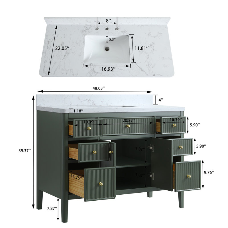 Ensemble de meuble-lavabo autoportant moderne en bois massif 48 po avec plateau en marbre, Vert rétro