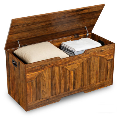 Wooden Shoe Storage Bench with U-Shaped Handle for Entryway, Bedroom, or Living Room - Safety Hinge - 300 lb Capacity - Easy Assembly - Multi-Use Toy Box Organizer - Brown, 100CM