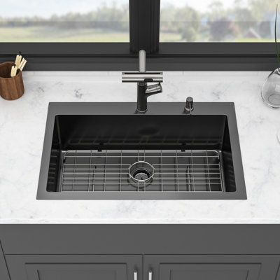 Évier de cuisine noir canon de fusil de 76 cm (30 pouces) avec robinet à jet aéré, revêtement nano et guide d'installation. Acier inoxydable T304 de calibre 16. Douches à effet pluie et cascade, distributeur de savon et grille de fond.