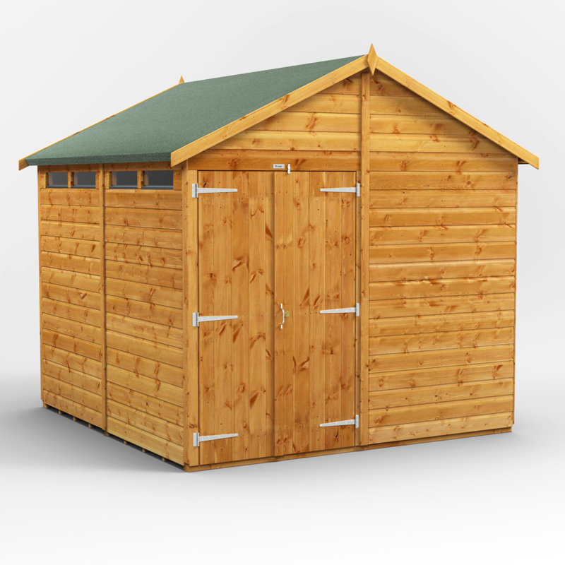 Powersheds 8 x 8ft Timber Tongue & Groove Security Apex Garden Shed, Double Doors