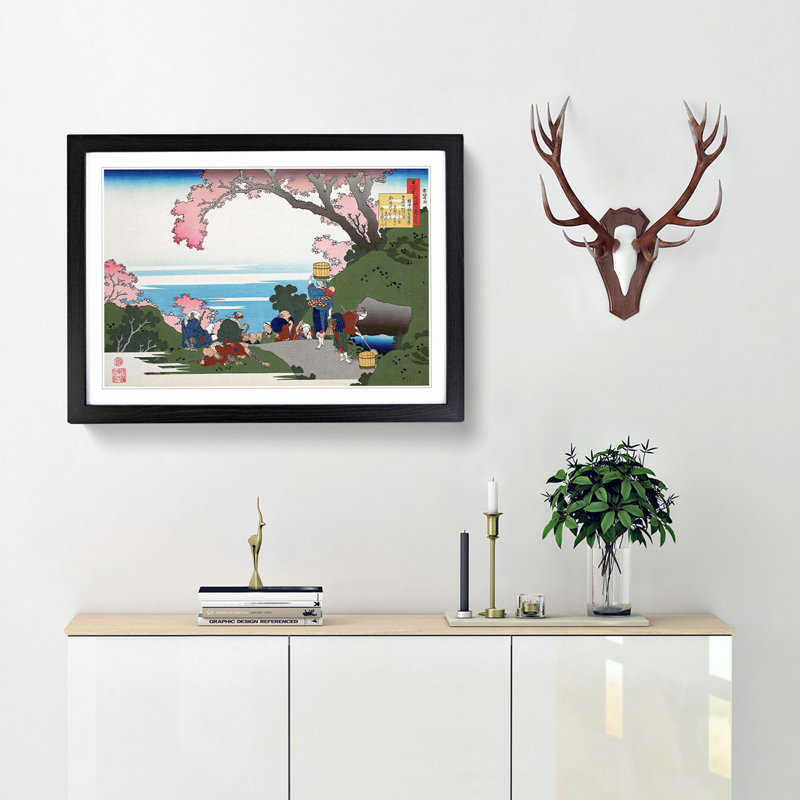 Beneath The Cherry Blossom Tree by Katsushika Hokusai - Single Picture Frame Painting, 45cm H x 63cm W x 2cm D, Black Framed
