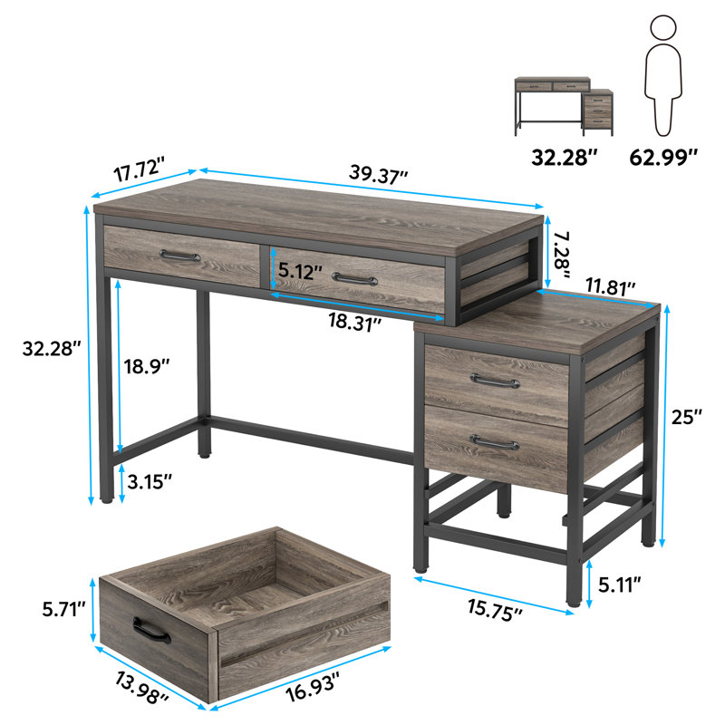 51''W Reversible Desk with Drawers, Gray/Black