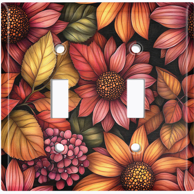 Couvercle de plaque d'interrupteur en métal; Bascule à 2 bandes US standard - Fleurs d'automne rustiques, Double # 2