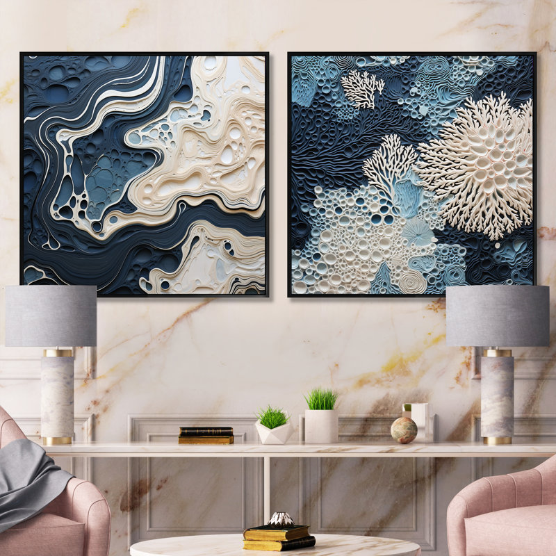 Collage abstrait crème et bleu - ensemble de 2 collages carrés abstraits, Cadre flottant noir, H 16 po x l 33 po