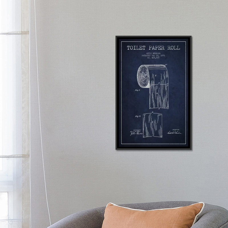 « Toilet Paper Navy Blue Patent Blueprint », impression sur toile tendue, H 12 po x l 8 po x P 0,75 po, Toile tendue