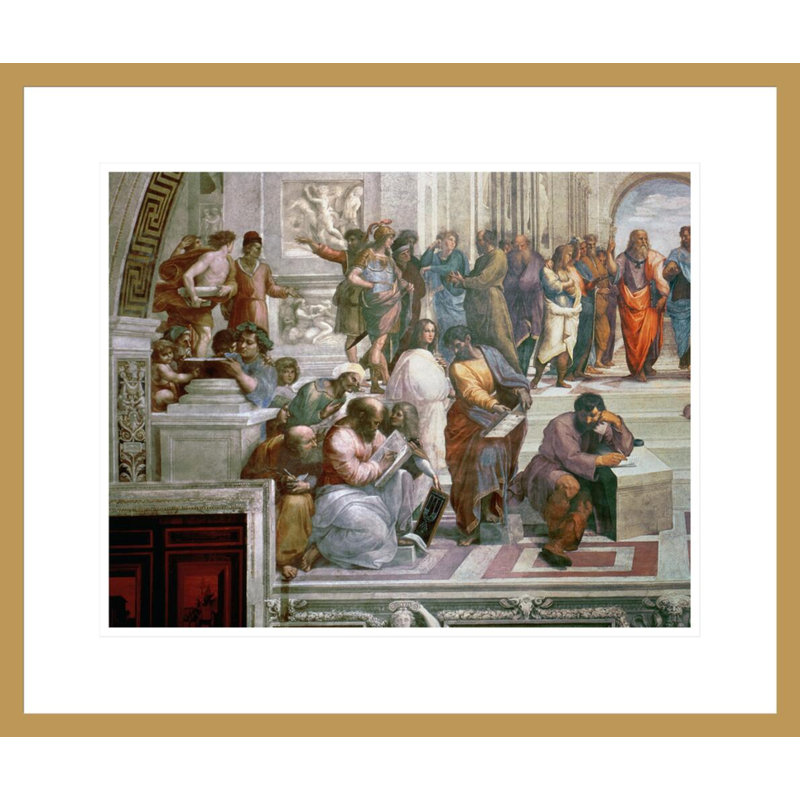 L'école d'Athènes, détail du côté gauche montrant Pythagore entouré d'étudiants et Michel-Ange de Raphaël - Impression Giclée encadrée