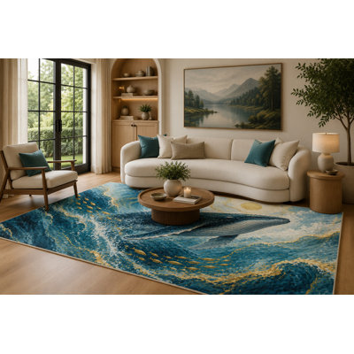 6'7" x 9'10" Ocean Blue, Aqua and Cream Celestial Whale Area Rug for Living Room, Soft Low Pile Carpet with Non-Slip Backing for Bedroom, Dining Room and Home Office
