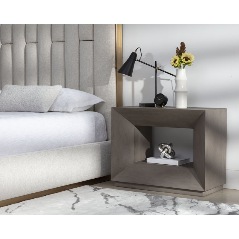 Gray Acacia Wood Geometric Nightstand with Drawer