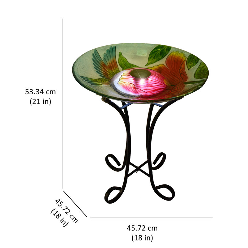 Solar LED Floral Glass Bird Bath with Metal Stand