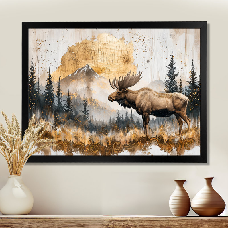 «Gerose Golden Moose In The Winter Landscape I - Moose», art mural, Reproduction encadrée d'une seule photo sans pass, Noir