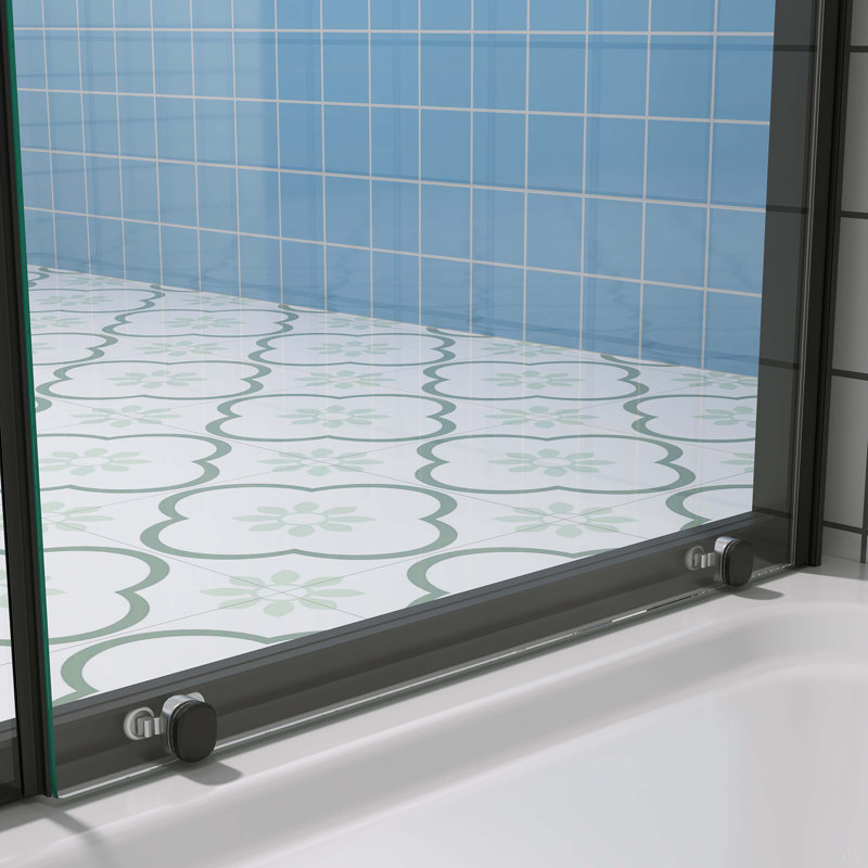 Single Sliding Shower Door 56-60" W X 72" H Semi-Frameless Shower Glass Panel, 1/4" (6Mm) Clear Tempered Glass, Transparent Safety Film For Glass,Aluminium Alloy Matte Black,Reversible Installation