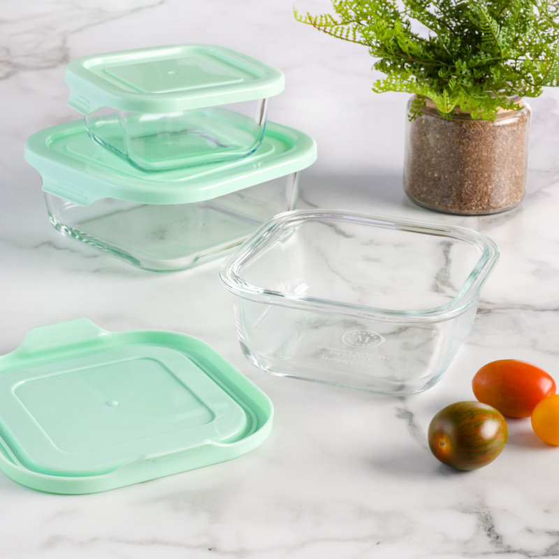 Martha Stewart Hadsell 6 Piece Borosilicate Glass Square Storage Container Set w/ Pop Lids