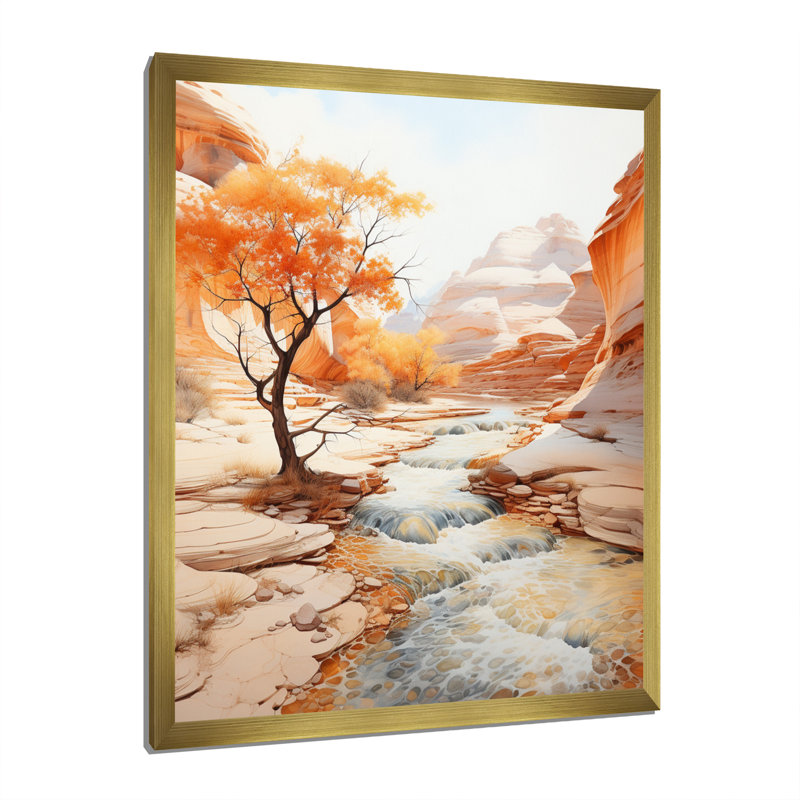 " Beige Peach Canyon Mirage ", 32" H x 24" W x 1" D, Gold Picture Framed