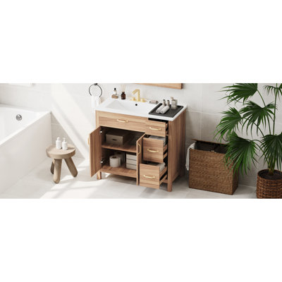 Meuble-lavabo contemporain de 36 po en bois, portes et tiroirs à fermeture en douceur, lavabo en céramique, tablette ajustable pour petits espaces de salle de bain, structure solide, 2 portes, 3 rangements compacts