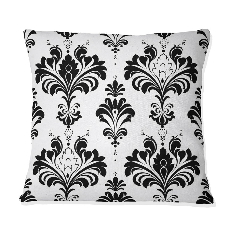 Coussin décoratif moderne noir et blanc à motif damassé I, H 16 po x l 16 po