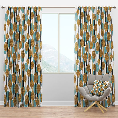 Hand drawn Blue and Golden Glitter Circles - Abstract Curtain - Velvet Room darkening - 1 panel