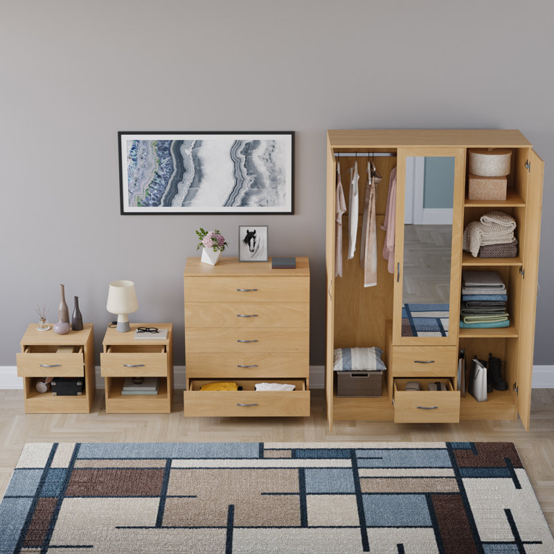 Tayce 4 Piece Bedroom Set (1 Drawer Bedside Chest X2, 5 Drawer Chest, 3 Door 2 Drawer Mirrored Wardrobe), Tan