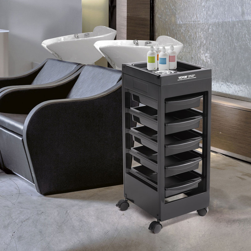 Black Plastic Salon Rolling Cart with 5 Removable Drawers