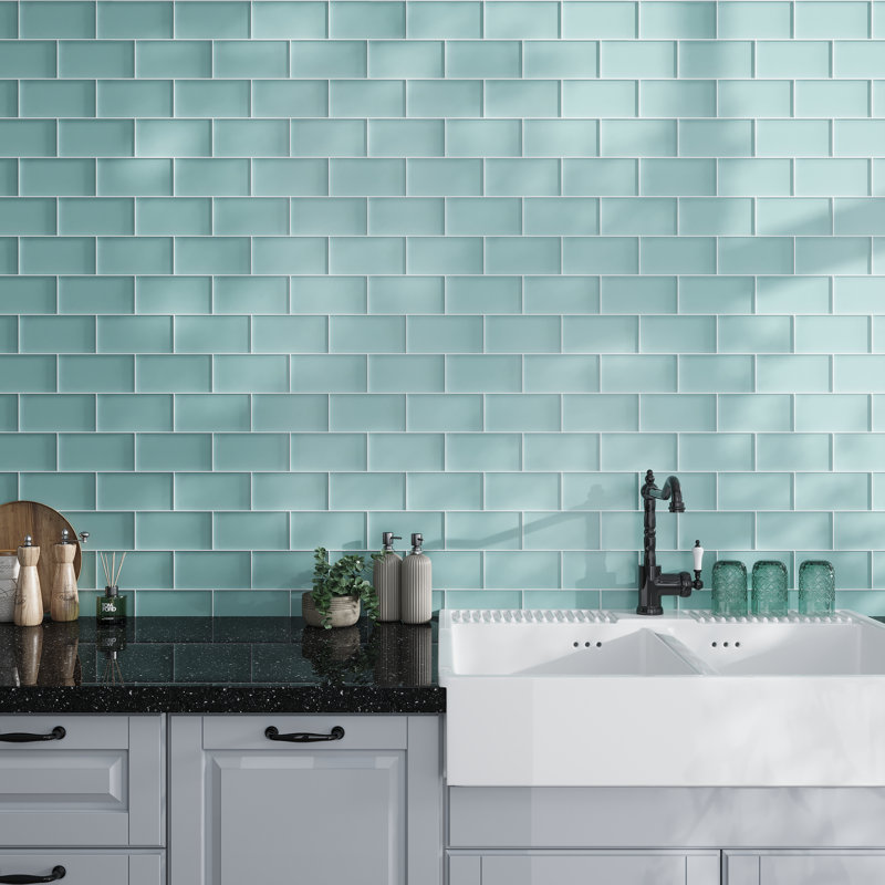 6'' x 3'' Glass Subway Wall Tile, Aqua