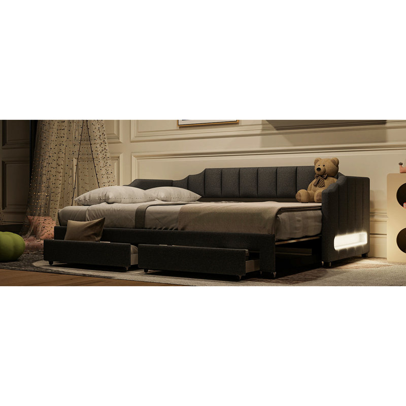 Twin Xl Size Gray Daybed With Extendable Function, Led And Two Storage Drawers, Pine Wood Structure Upholstered To King Gray, Improves Room Utility