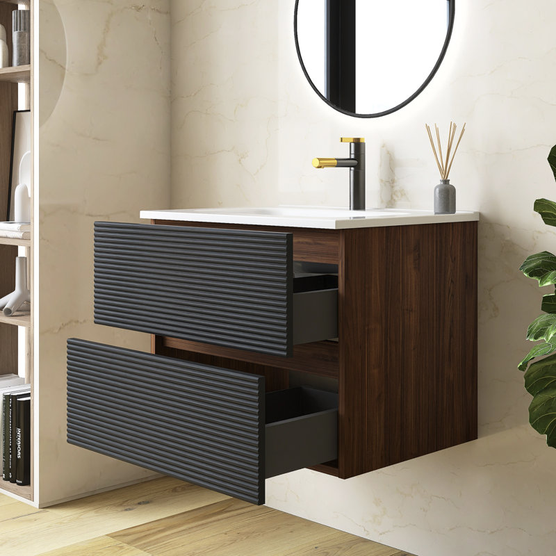 Meuble-lavabo flottant 24 po noir et noyer, lavabo intégré en céramique avec trop-plein et 3 trous de robinet, rangement spacieux pour les salles de bain modernes