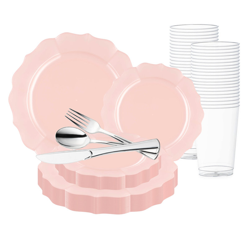 Pearl Pink Round Lotus Plastic Wedding Value Set - 60 Settings