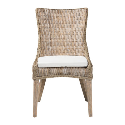 Bali & Pari Derris Natural Rattan Dining Chair With Cushion - Tall Wingback Side Chair With Solid Mango Wood Legs, Boho Coastal Style For Kitchen Or Dining Room Seating, Greywashed