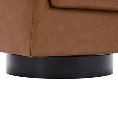Frankie Upholstered Brown Faux Leather Swivel Barrel Chair with Solid Wood Base