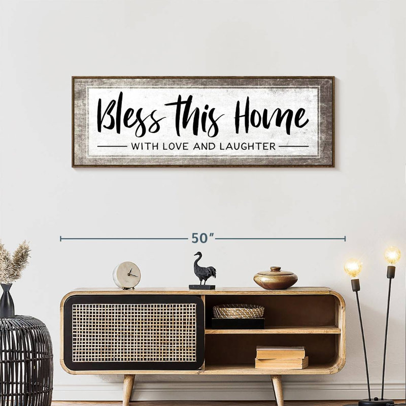 Plaque murale «Bless This Home», 46 po x 16 po, Cadre flottant noyer