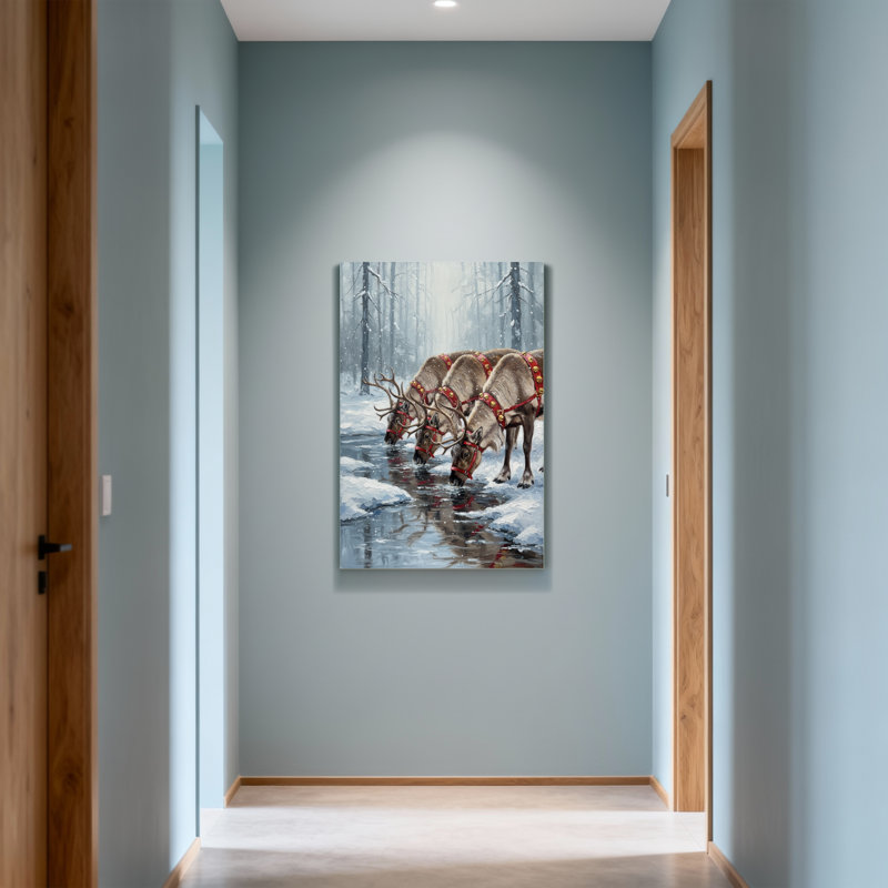 Animals Reindeer Drinking Water In Winter Forest, 24" H x 16" W