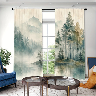 2 Panels Misty Forest Lake Painting Landscape Style Decor Light Filtering Curtains with Natural Scenic Pattern, Spring Refresh Decor, Easy Hang Rod Pocket Design, All-Season Curtains for Home Living Room Bedroom Study Decoration