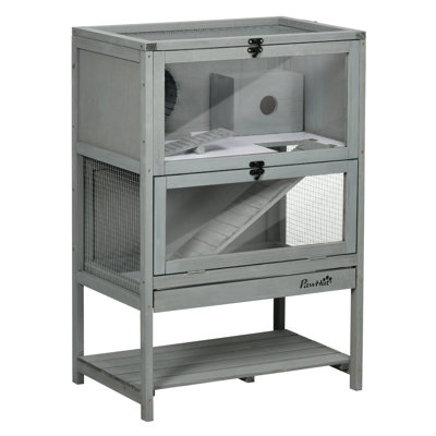 Cage à hamster en bois avec tablette de rangement, grande cage à hamster avec bascule, cage pour petit animal avec plateau coulissant, rampe large pour la course, roue de course, H 35,5 po