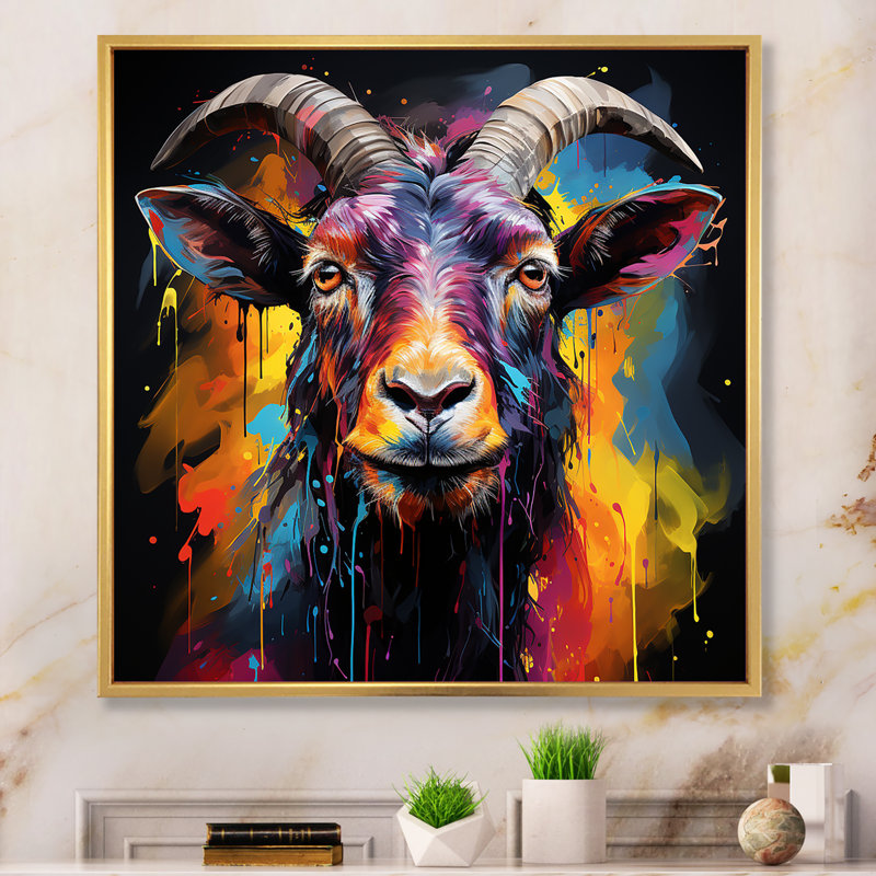 Popart, chèvre regardant fixement - Chèvre, art mural, Cadre flottant doré, 16" H x 16" W