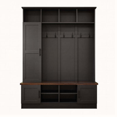 55"Wide Hall Tree with 6 Hooks, Farmhouse Walnut Storage Bench with Adjustable Shelves by One Allium Way