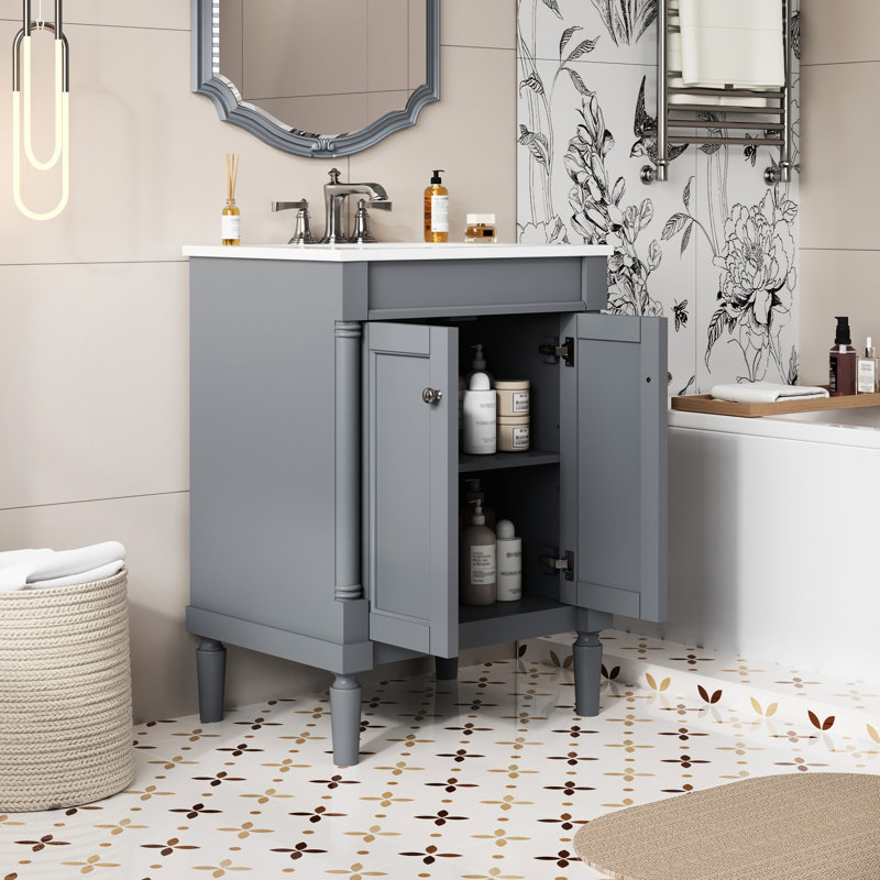 Meuble-lavabo de 61 cm (24 pouces) avec lavabo intégré, armoire de rangement moderne à 2 niveaux, de couleur grise et de structure en bois massif.