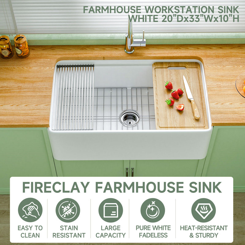 33" L x 20" W Fireclay Apron Front Farmhouse Workstation Sink for Kitchen, Single Bowl White Farm Sink, Included 4 Custom Accessories