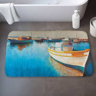 Fishing boats at the marina Bath Mat with Non-Slip Backing - Quick Dry Memory Foam Bathroom Rug - Absorbent - Modern Plush Spa-Style - Machine Washable