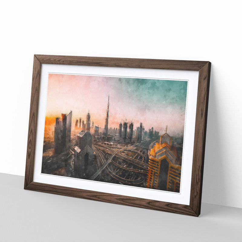 Burj Khalifa Dubai Skyline Painting - Single Picture Frame Print on MDF, 45cm H x 33cm W x 2cm D, Walnut