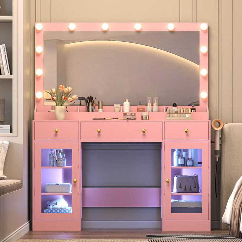 Vanity Desk with Power Outlet,Lighted Mirror, Makeup Dressing Table with Large Storage Drawer, Cabinet and Foldable Panel
