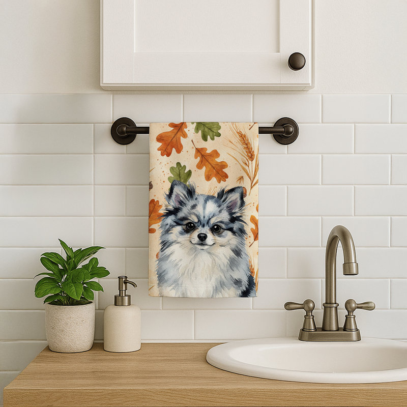 Blue Merle Pomeranian Heirloom Fall Kitchen Towel, Blue Merle Pomeranian