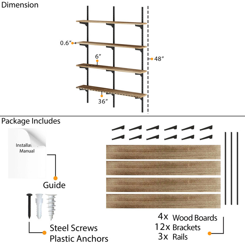 Bibliothèque flottante de 36 po x 6 po pour le décor de salon et de bureau, étagère murale avec supports réglables, tablette murale, tablette en bois pour l'organisation de la maison, décoration bohème et maison de campagne, brûlée, 4 niveaux